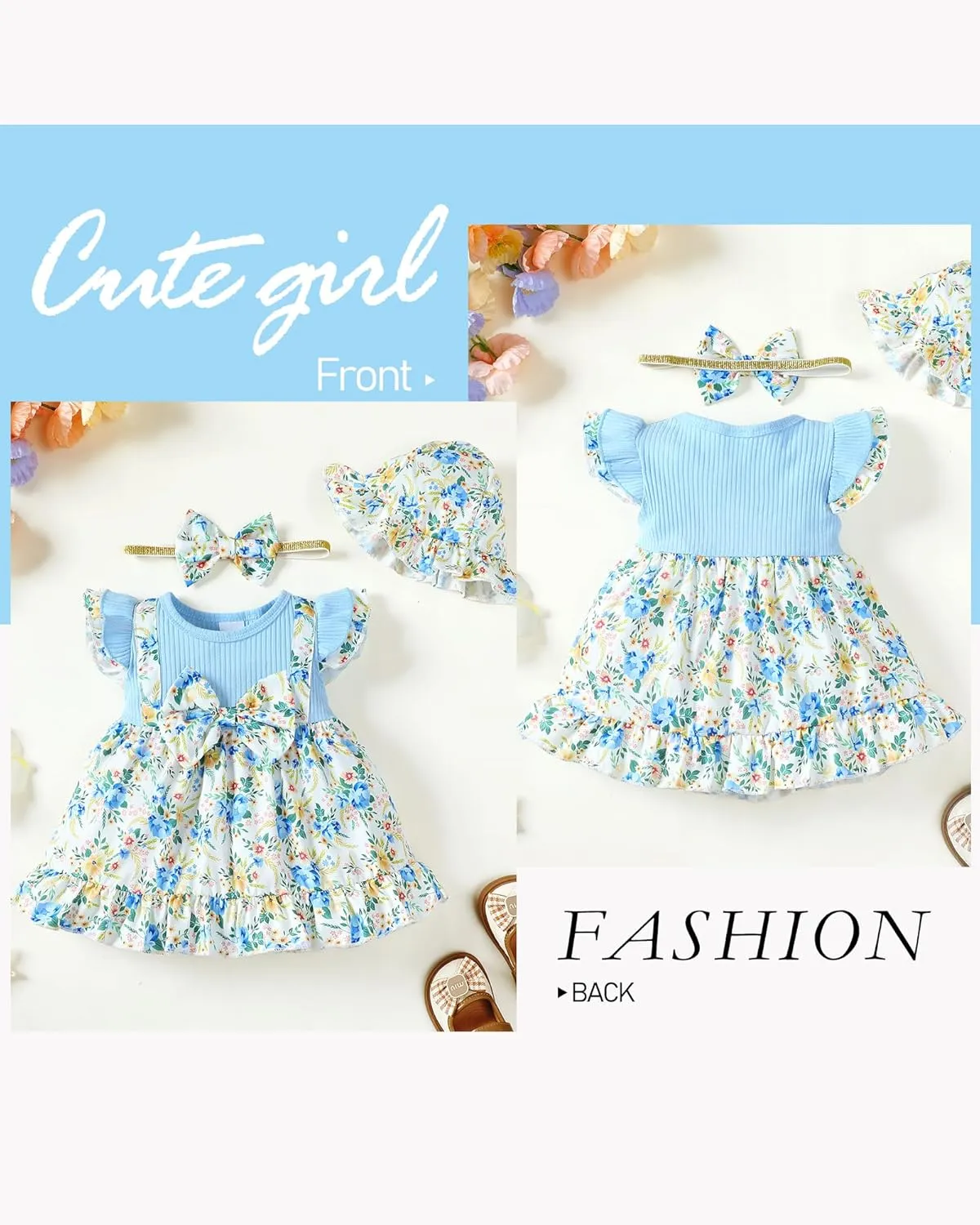 SUNNY PIGGY Baby Girl Clothes Newborn Infant Dress Outfit 0 3 6 9 12 18 24 Months Skirt Set Headband Hat