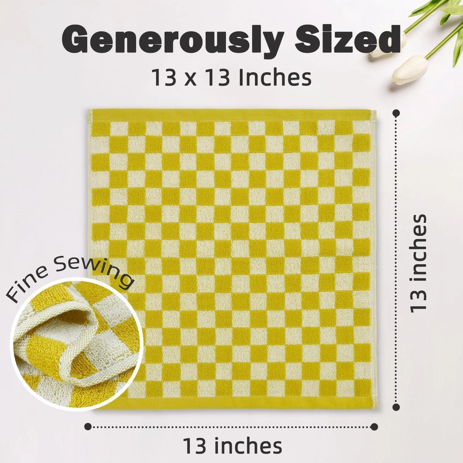 Super Soft Wash Cloths(Mustard Yellow Checkered), 12 Pack Washcloths Facecloth, Cotton Face Towels Set for Body Showering 13x13 Inches, Gifts