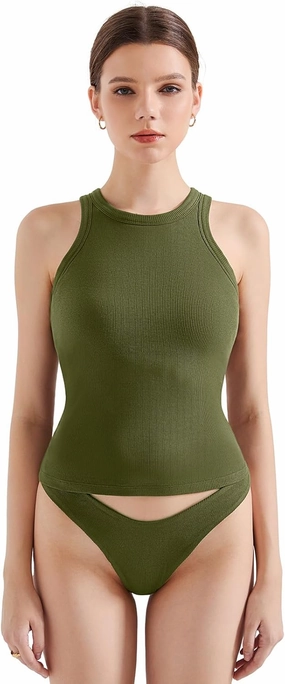 SUUKSESS Women Padded Cotton Ribbed Tank Tops 2025 High Neck Racerback Basic Tops