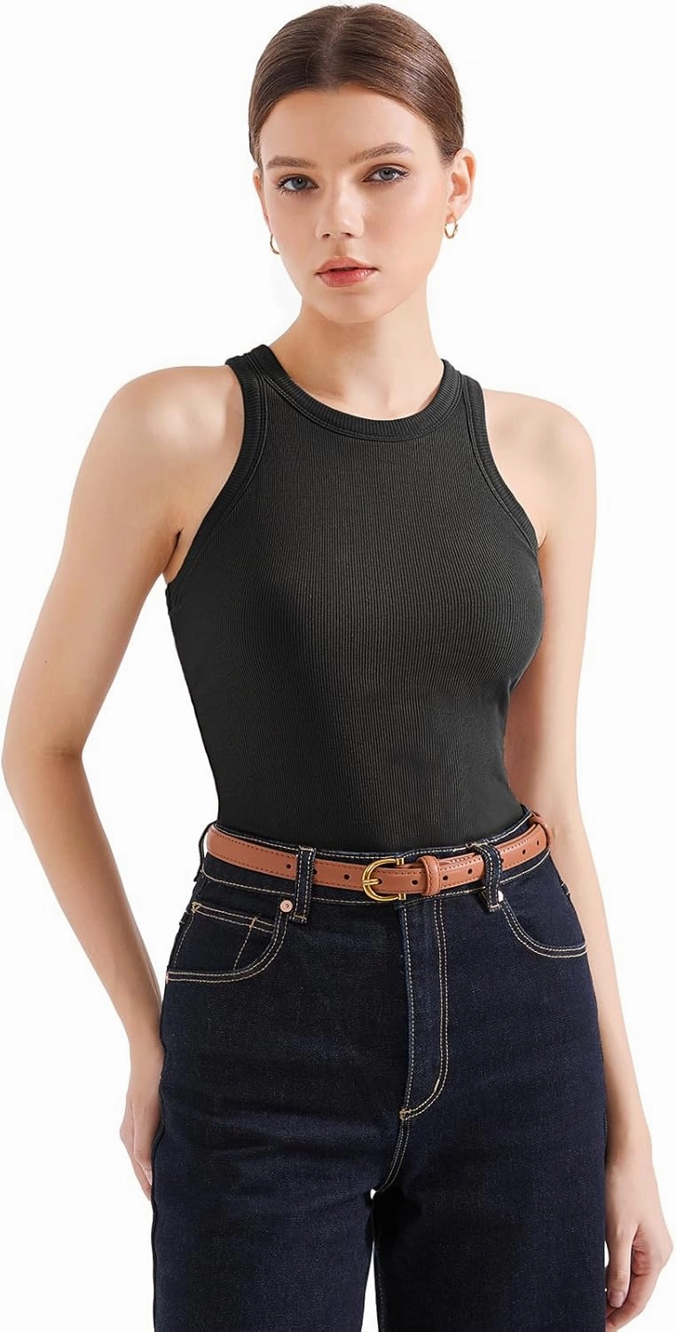 SUUKSESS Women Padded Cotton Ribbed Tank Tops 2025 High Neck Racerback Basic Tops