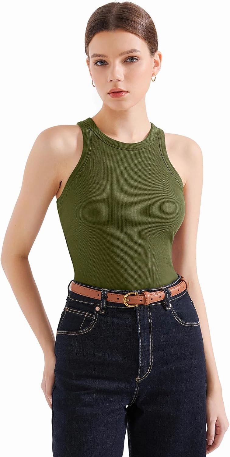 SUUKSESS Women Padded Cotton Ribbed Tank Tops 2025 High Neck Racerback Basic Tops