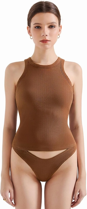 SUUKSESS Women Padded Cotton Ribbed Tank Tops 2025 High Neck Racerback Basic Tops