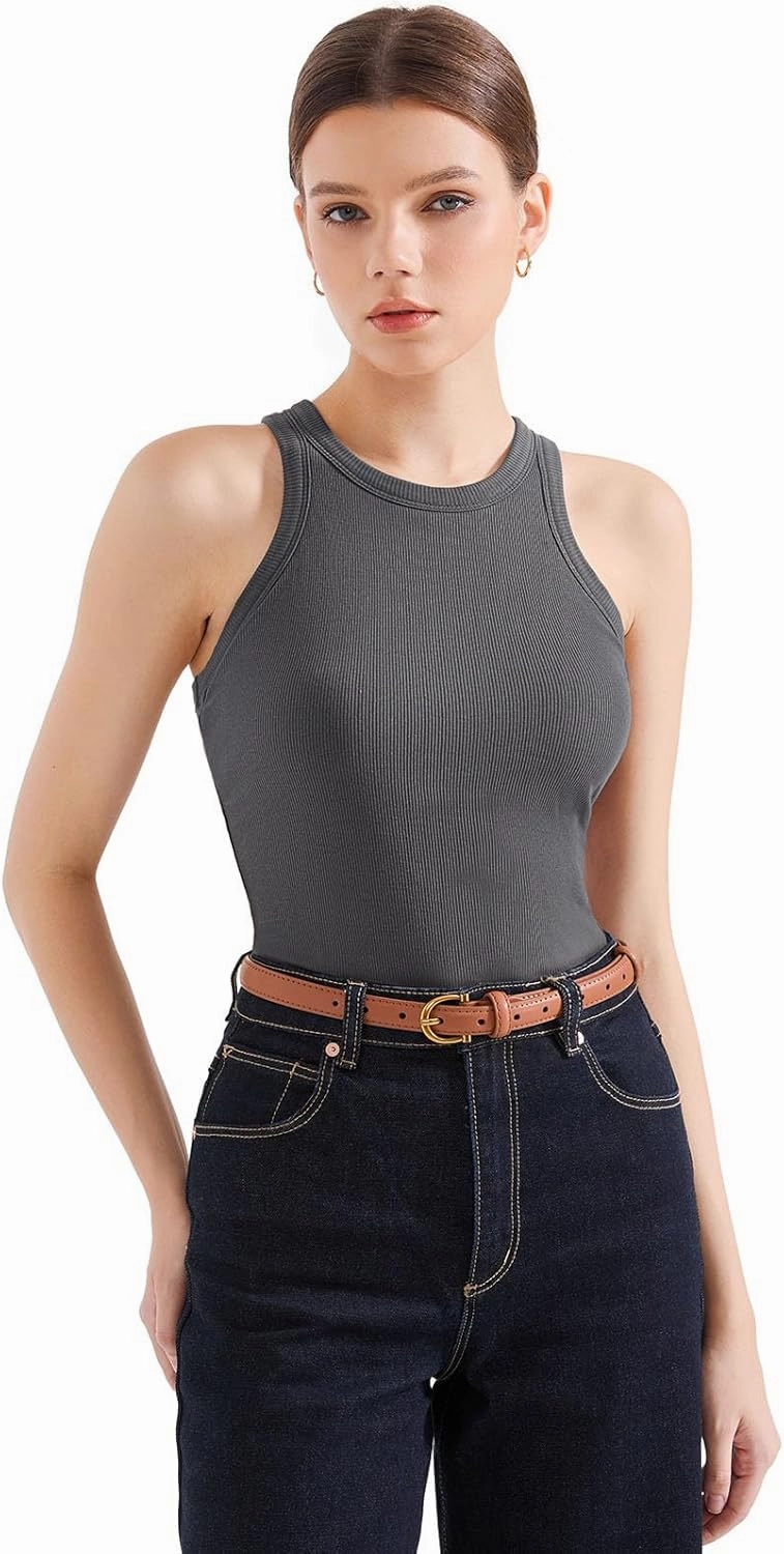 SUUKSESS Women Padded Cotton Ribbed Tank Tops 2025 High Neck Racerback Basic Tops