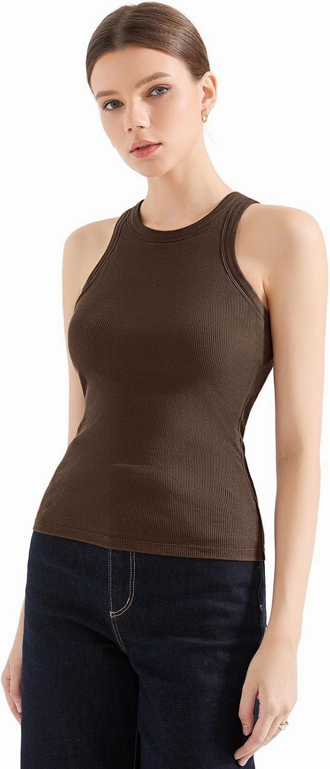 SUUKSESS Women Padded Cotton Ribbed Tank Tops 2025 High Neck Racerback Basic Tops