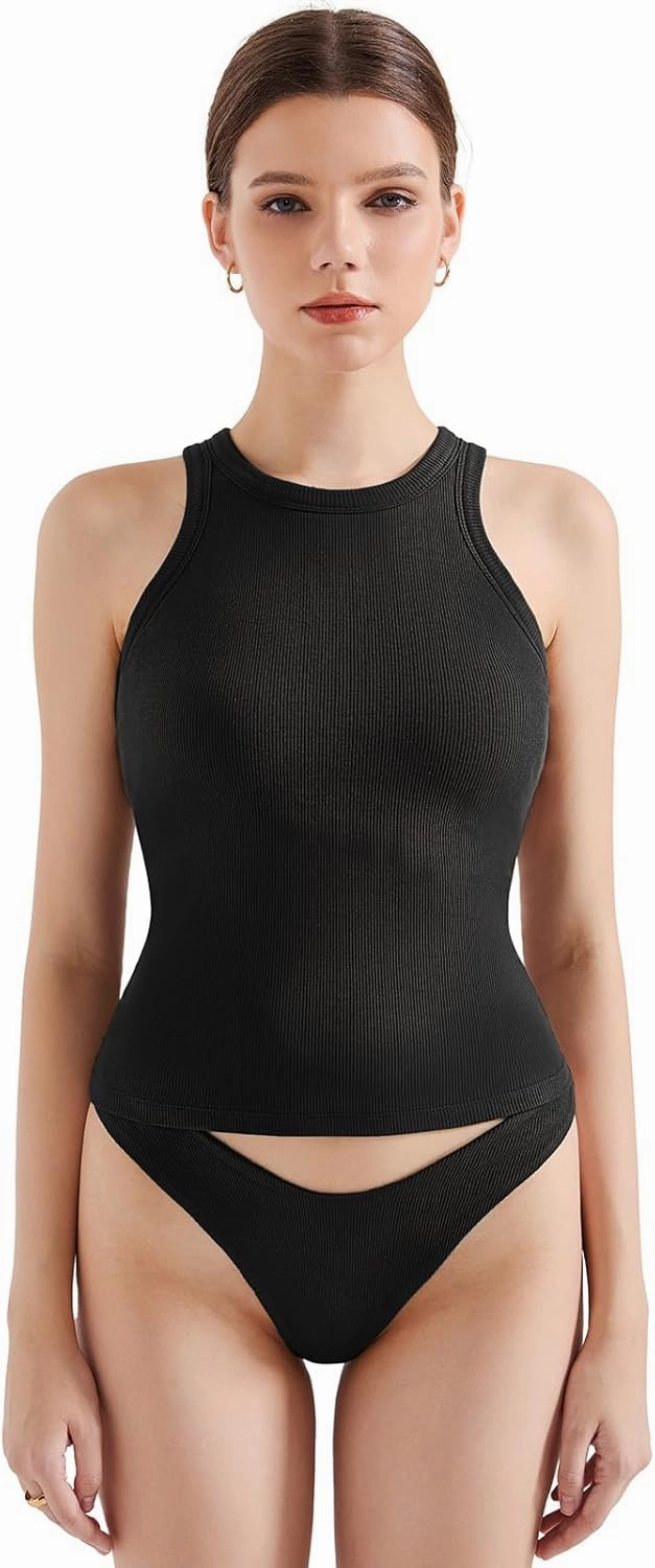 SUUKSESS Women Padded Cotton Ribbed Tank Tops 2025 High Neck Racerback Basic Tops