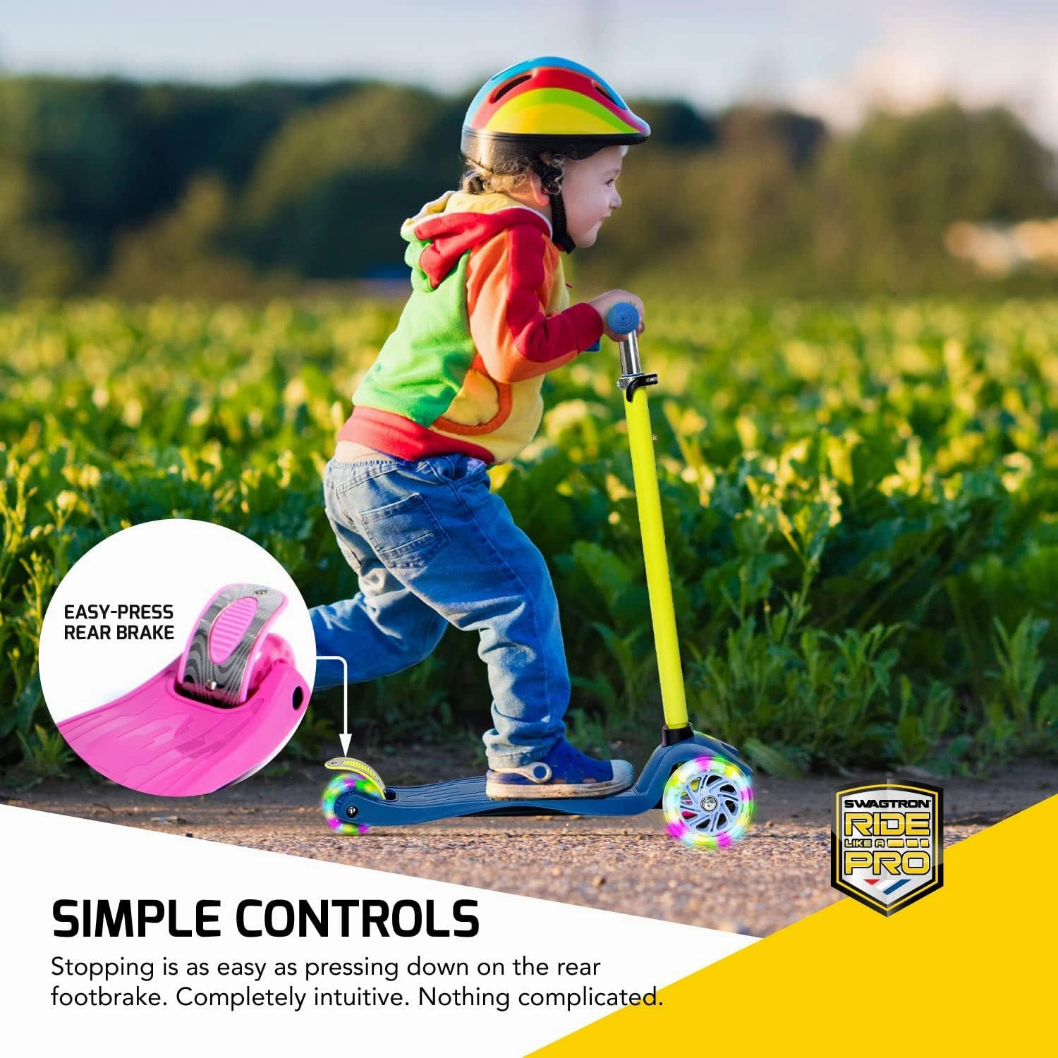SWAGTRON K5 3-Wheel Kids Scooter with Light-Up Wheels | Quick Assembly | ASTM-Certified | Height-Adjustable for Boys or Girls Ages 3 
