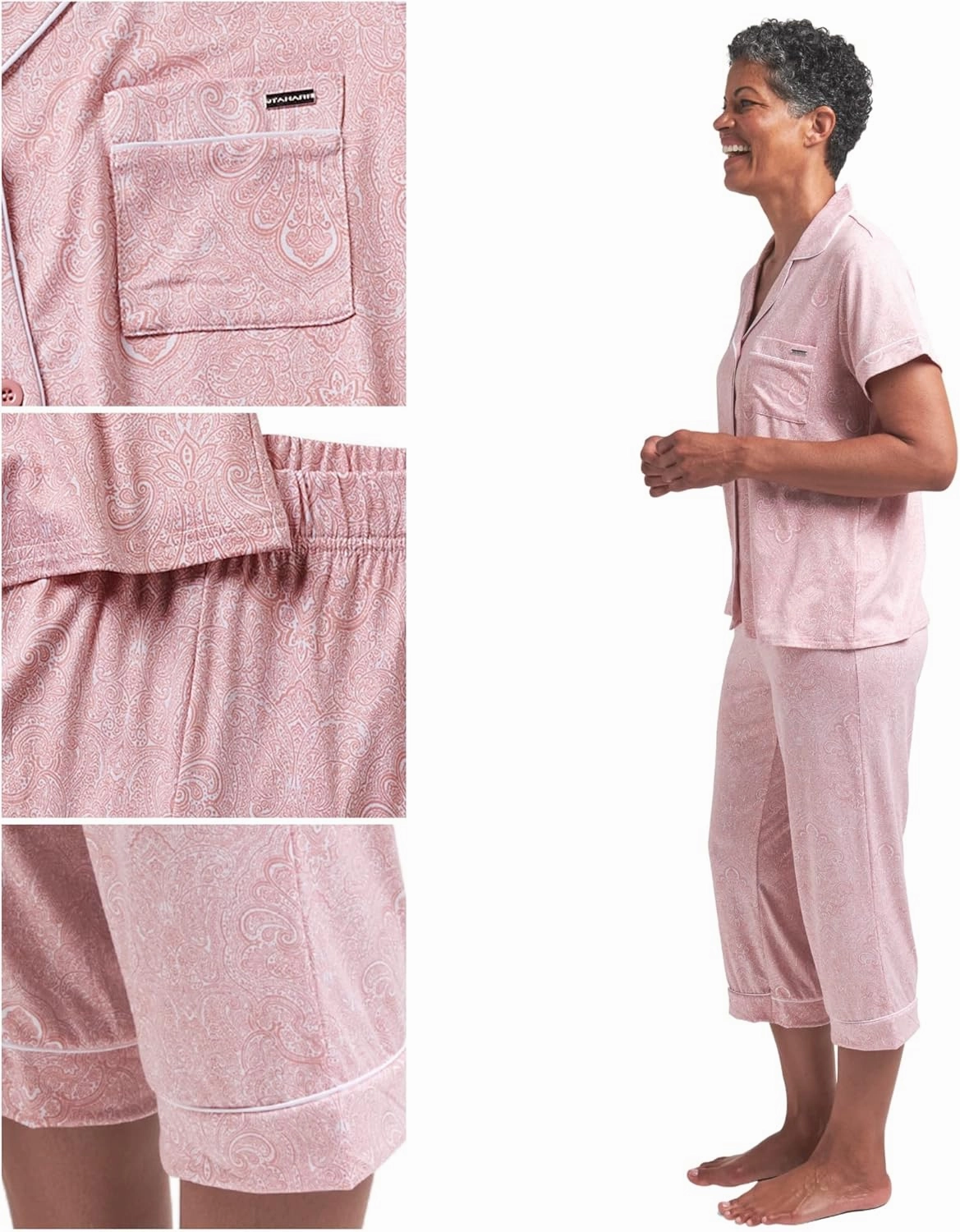 TAHARI Women's Pajama Set including Notch Collar Button-Up Top and Pants
