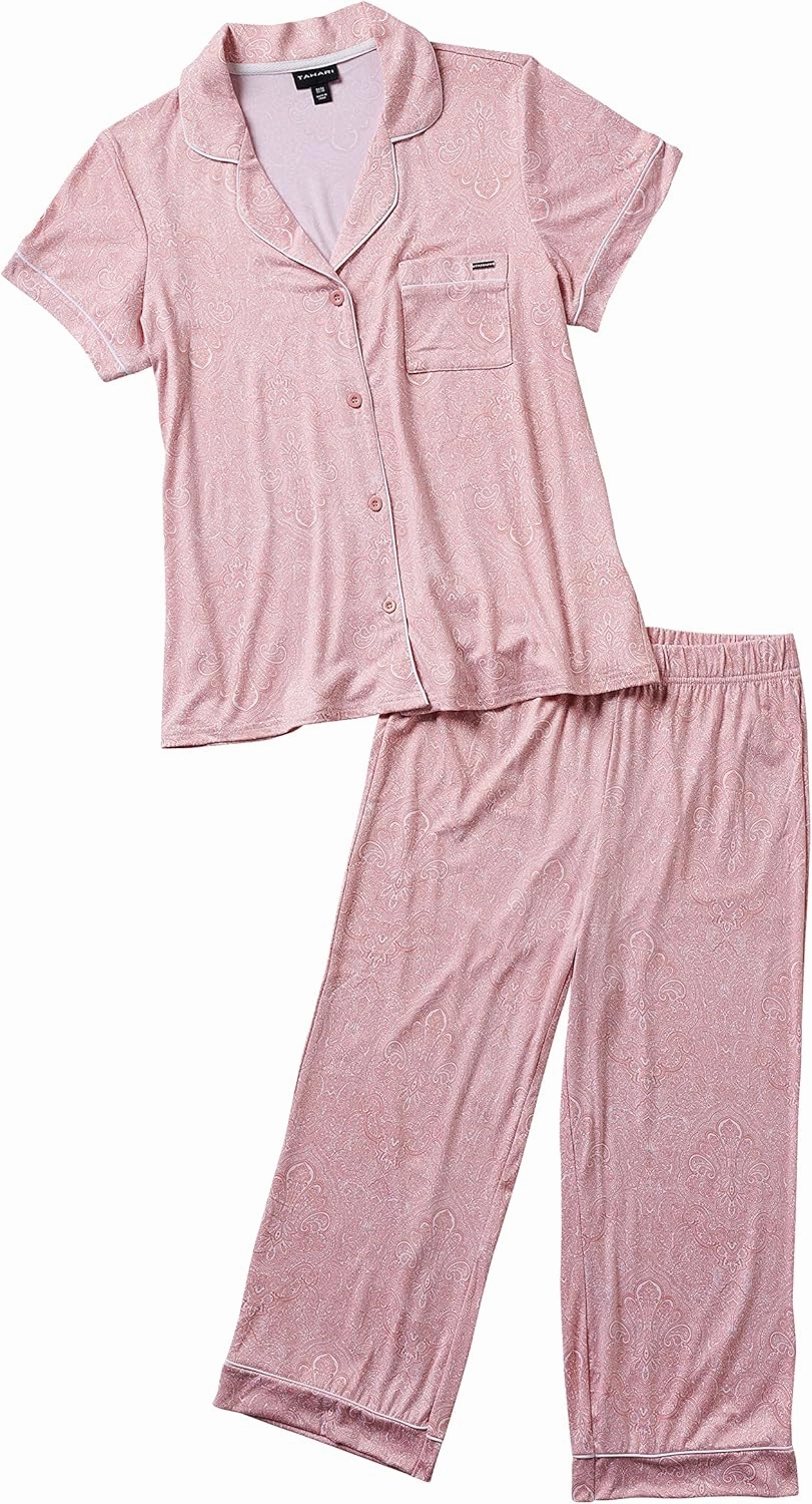 TAHARI Women's Pajama Set including Notch Collar Button-Up Top and Pants