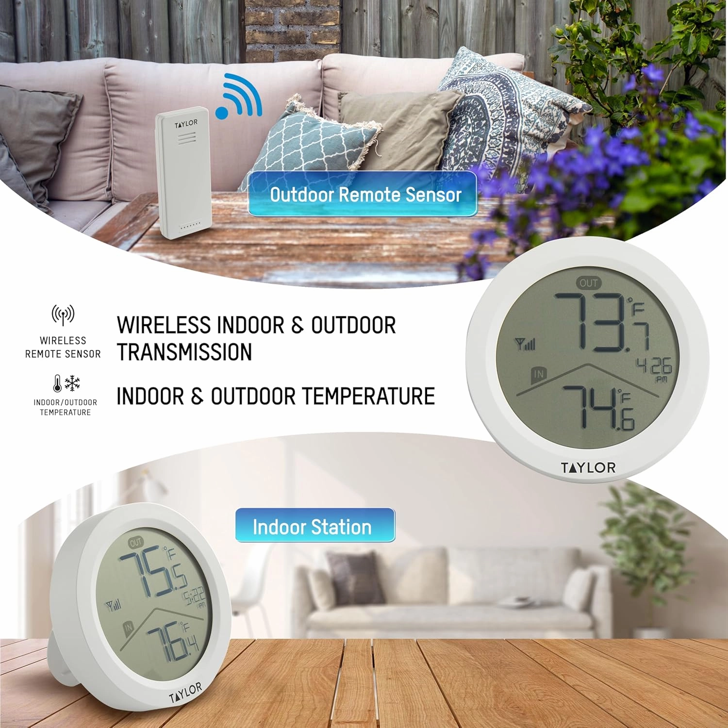 Taylor Digital Wireless Round Indoor Comfort Level Thermometer and Clock, Wireless Remote Sensor, Easy-to-Read Display for Home, Office, Greenhouse, Nursery, and Indoor Areas, LCD, White