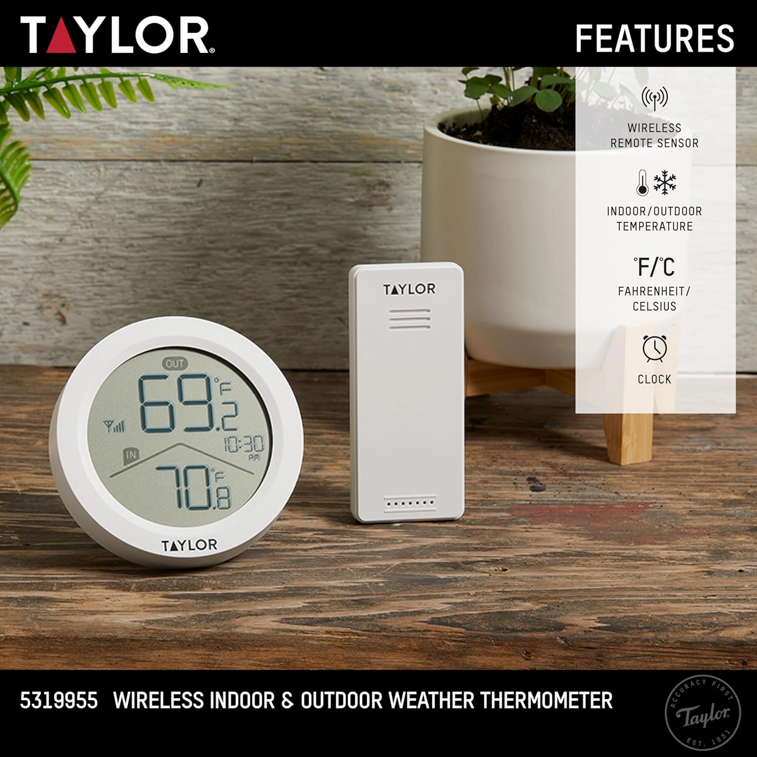 Taylor Digital Wireless Round Indoor Comfort Level Thermometer and Clock, Wireless Remote Sensor, Easy-to-Read Display for Home, Office, Greenhouse, Nursery, and Indoor Areas, LCD, White