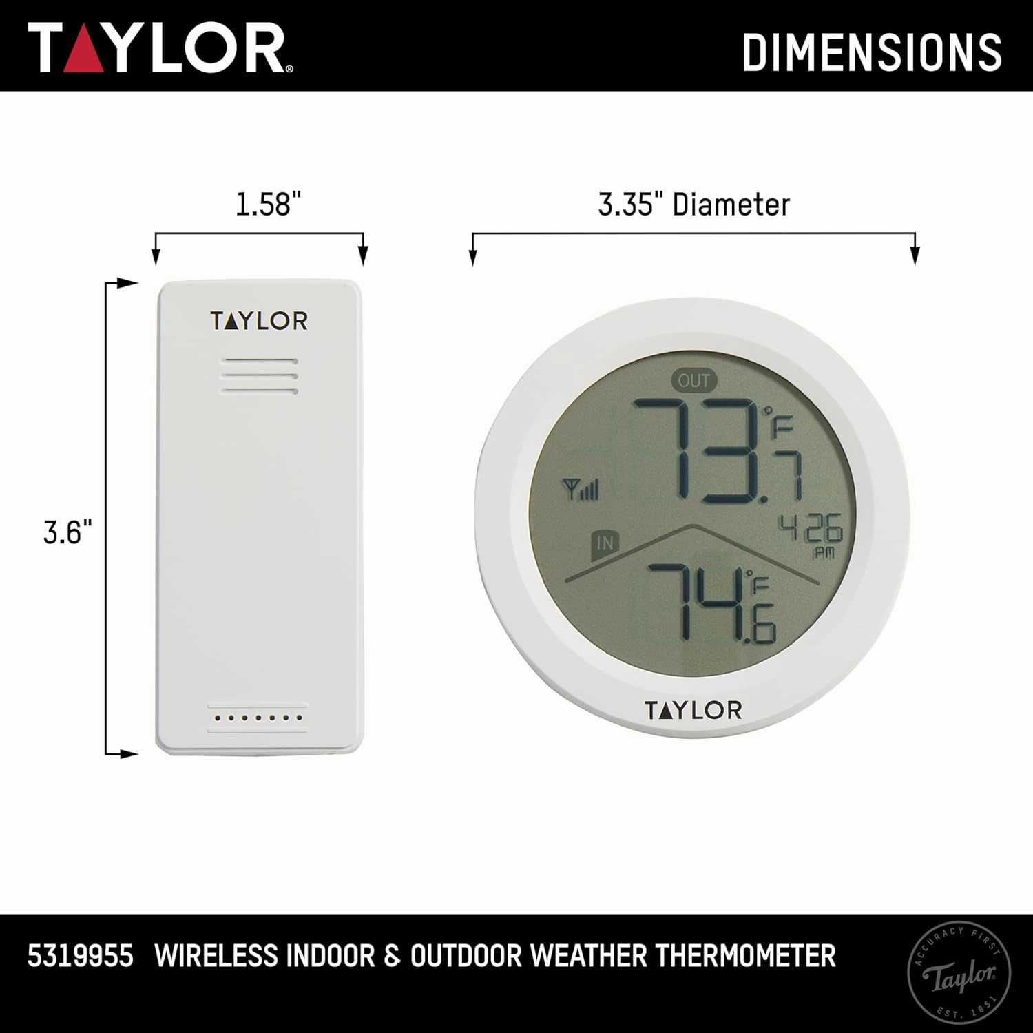 Taylor Digital Wireless Round Indoor Comfort Level Thermometer and Clock, Wireless Remote Sensor, Easy-to-Read Display for Home, Office, Greenhouse, Nursery, and Indoor Areas, LCD, White