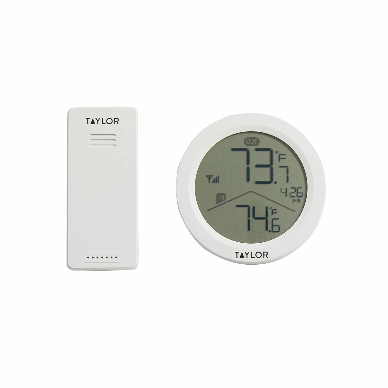 Taylor Digital Wireless Round Indoor Comfort Level Thermometer and Clock, Wireless Remote Sensor, Easy-to-Read Display for Home, Office, Greenhouse, Nursery, and Indoor Areas, LCD, White