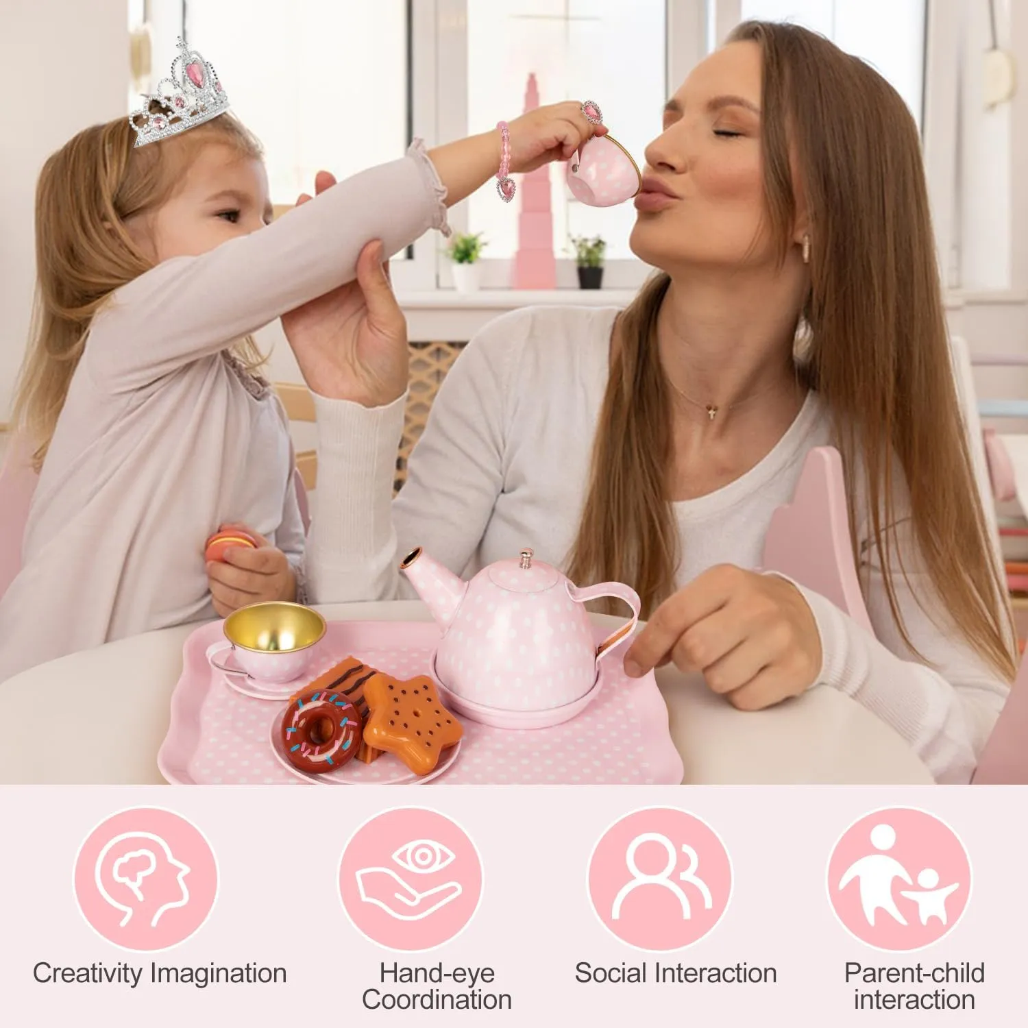 Tea Party Set for Little Girls, 49PCS Princess Tea Time Toys Including Tea Set Dessert Carrying Case, Kids Kitchen Pretend Playset, Tea Set for Girls Birthday Toddler Age 3-8, Pink