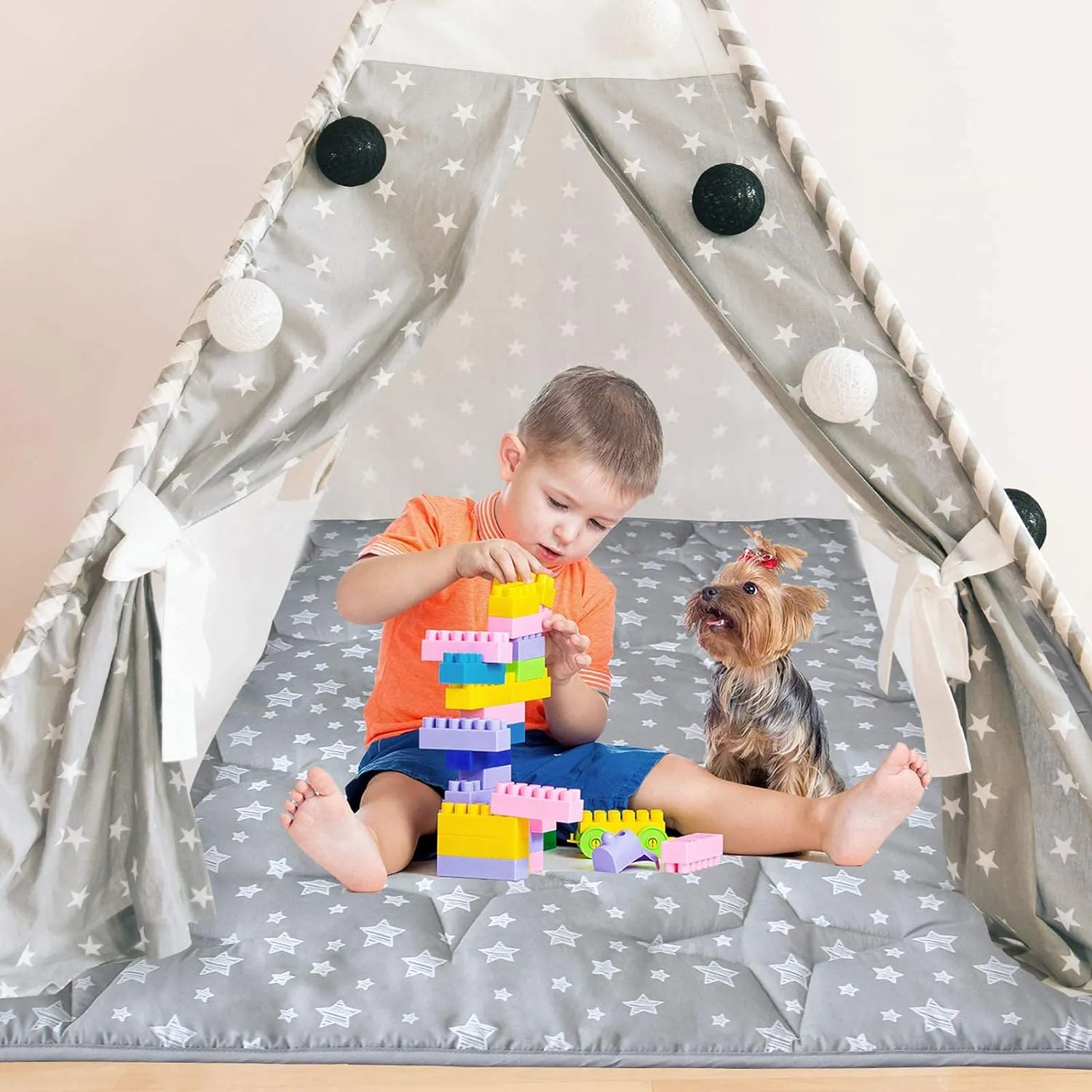 Teepee Play Tent Mat, Square Padded Mat for Playtent, Anti Slip Baby Quilted Activity Mat for Boys and Girls, Toddlers and Kids Playtime