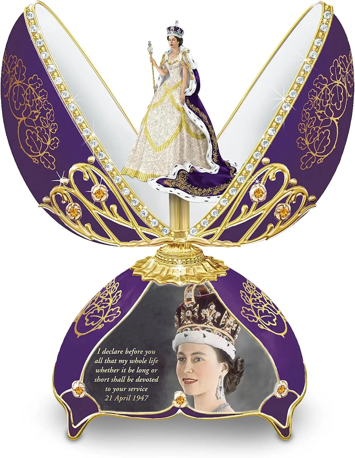 The Bradford Exchange Queen Elizabeth II Peter Carl Faberge-Style Egg-Shaped Heirloom Porcelain Music Box Adorned with 22K Gold Accents & Hand-Set with Over 80 Faux Jewels