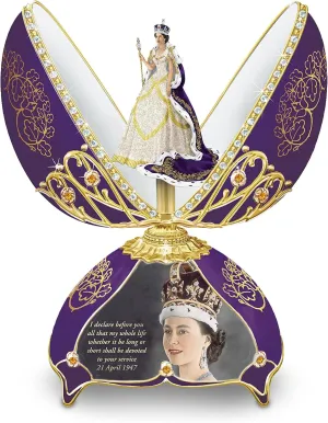 The Bradford Exchange Queen Elizabeth II Peter Carl Faberge-Style Egg-Shaped Heirloom Porcelain Music Box Adorned with 22K Gold Accents & Hand-Set with Over 80 Faux Jewels