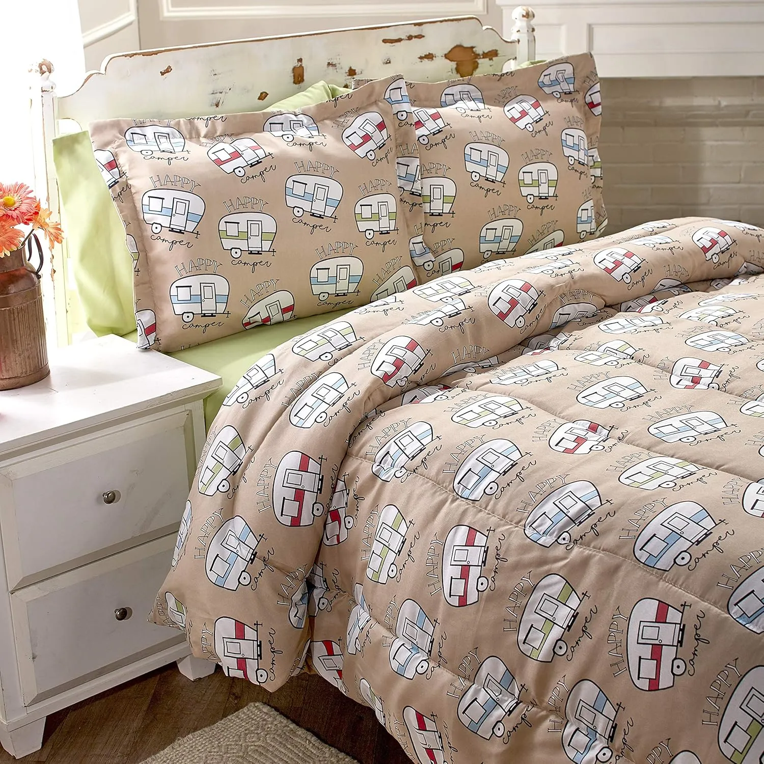 The Lakeside Collection Happy Camper Comforter Set - Cute Bedding for Outdoor Lovers, Kids, Teens - Twin, Beige