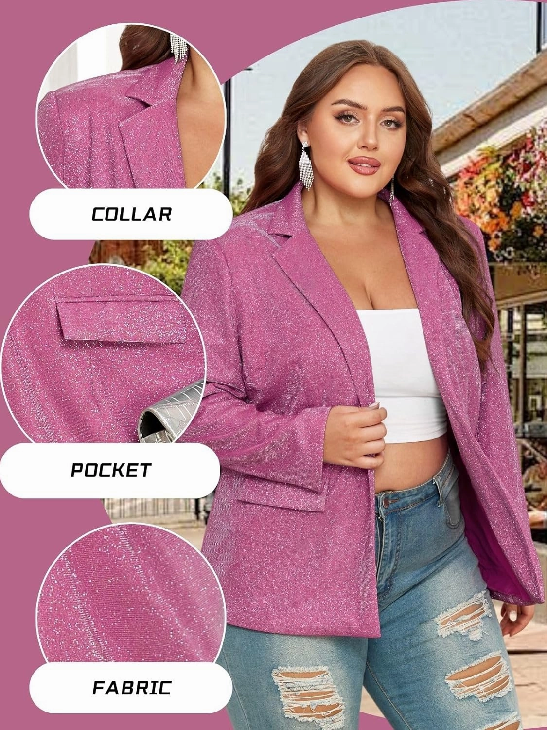 Theenkoln Womens Plus Size Blazer Jacket Collared V Neck Glitter Sparkly Long Sleeve Party Cardigan with Pocket 2024