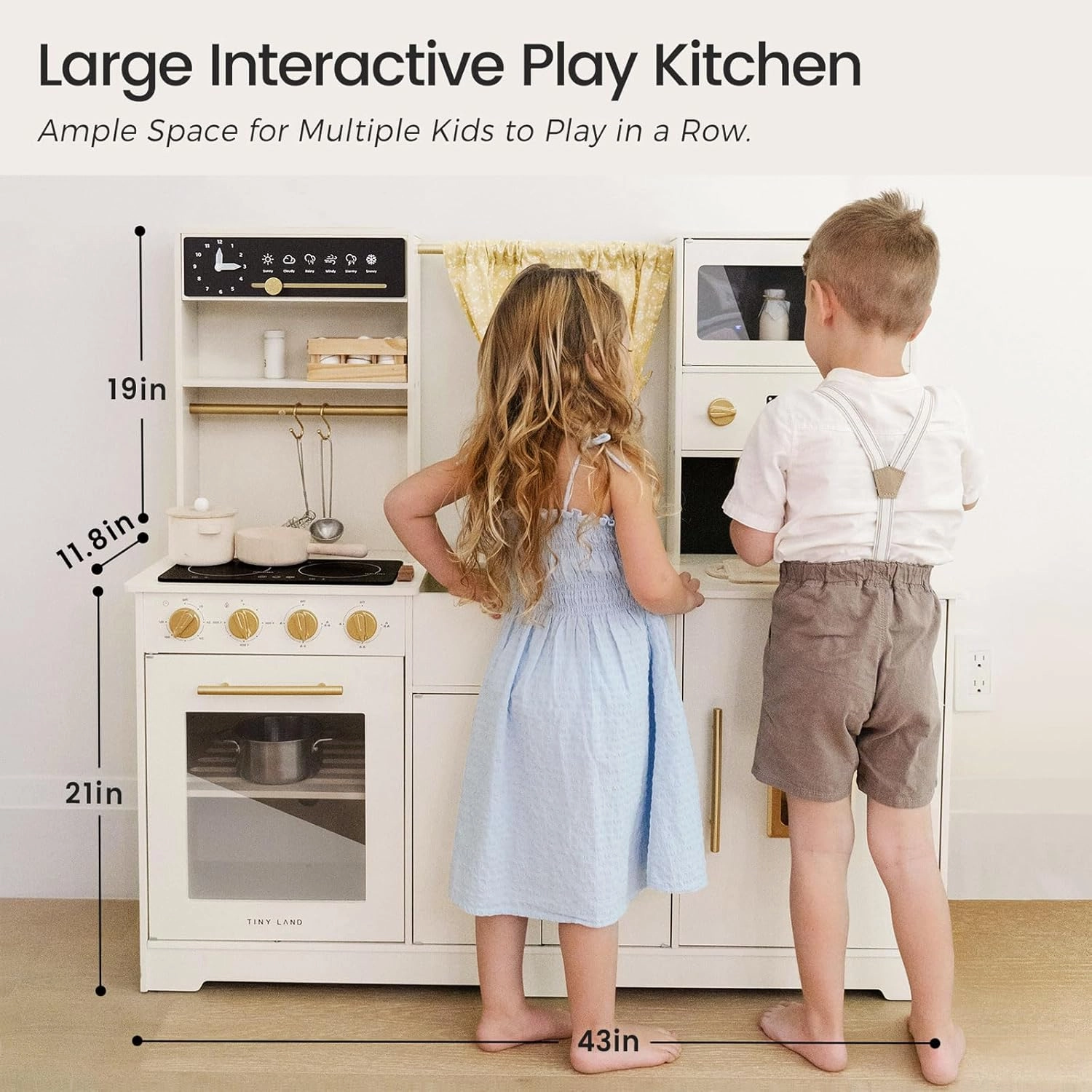 Tiny Land Play Kitchen for Kids, Toy Kitchen Set with Plenty of Play Features, New Modern Kids Wooden Play Kitchen Designed in Trendy Home Style with Curtains, Gift for Ages 3 
