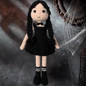 Tiny Things Wednesday Addams Style Handmade Crochet Knitted Doll, Halloween Accessory, Wednesday Addams Toy for Horror Lovers, Horror and Cuteness Together 12.6 inç
