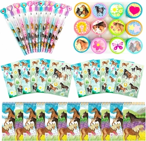 TINYMILLS Horse Pony Birthday Party Favor Set (12 multi-point pencils, 12 stampers, 12 sticker sheets, 12 small spiral notepads) Horse Party Party Supplies Favors