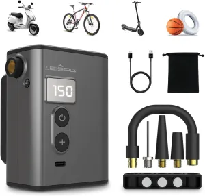 TMP1 Mini Bike Tire Pump, 150PSI Electric Air Pump with Gauge, Fast Inflate Bicycle Pump, Presta & Schrader Valve, Portable Air Pump for Road Bikes, Mountain Bike,E-Bike,Motorcycle,Sports Balls