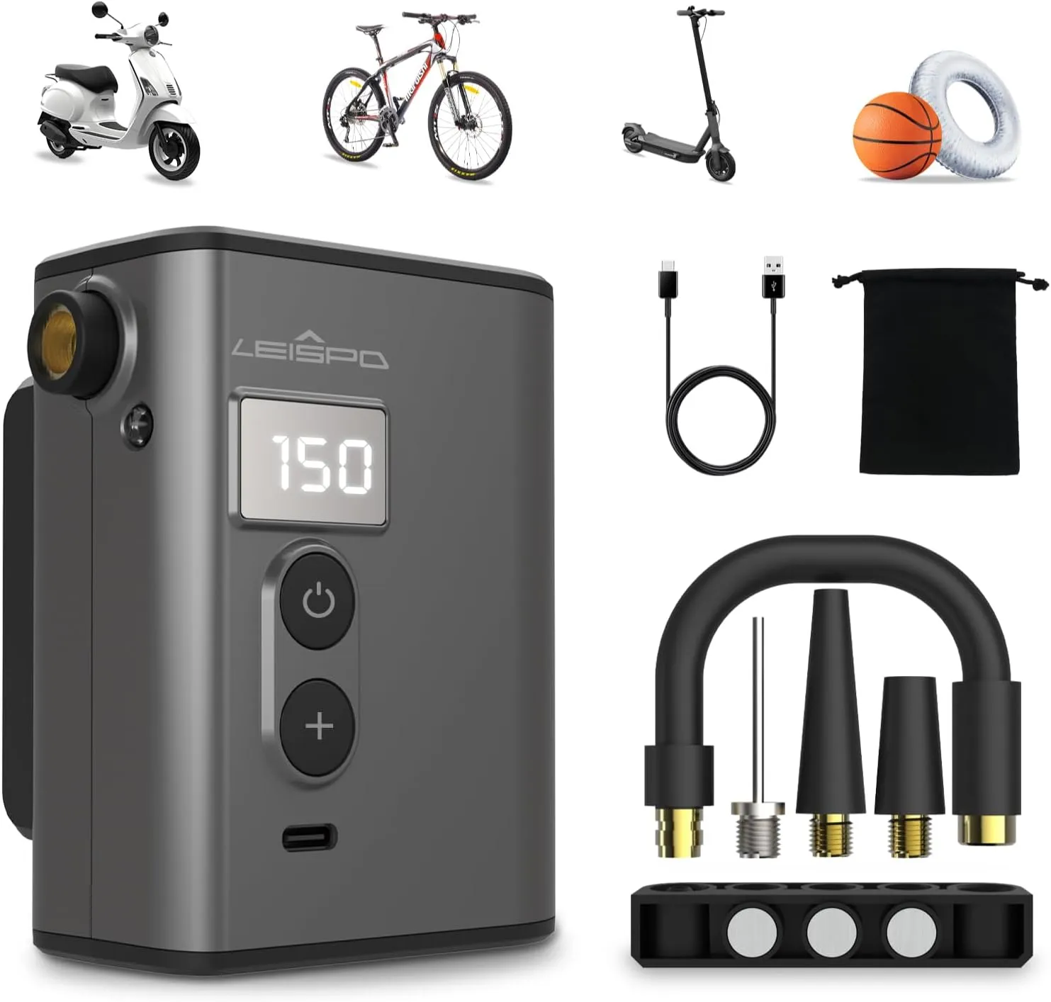 TMP1 Mini Bike Tire Pump, 150PSI Electric Air Pump with Gauge, Fast Inflate Bicycle Pump, Presta & Schrader Valve, Portable Air Pump for Road Bikes, Mountain Bike,E-Bike,Motorcycle,Sports Balls