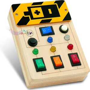 Toddler Toys Busy Board Montessori Toys Sensory Toys for Toddlers 1 2 3 4 Years Old, Wooden Travel Light Up Busy Board with Buttons to Push Educational Learning Fidget Toy for Boy Girls Gifts