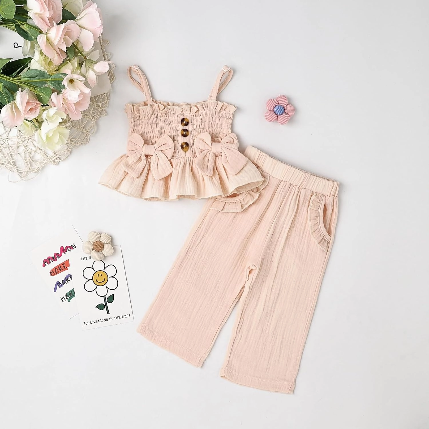 Toddler Baby Girl Clothes Summer Outfits Cute Bow Button Ruffle Camisole Pants Set 9-36 Months