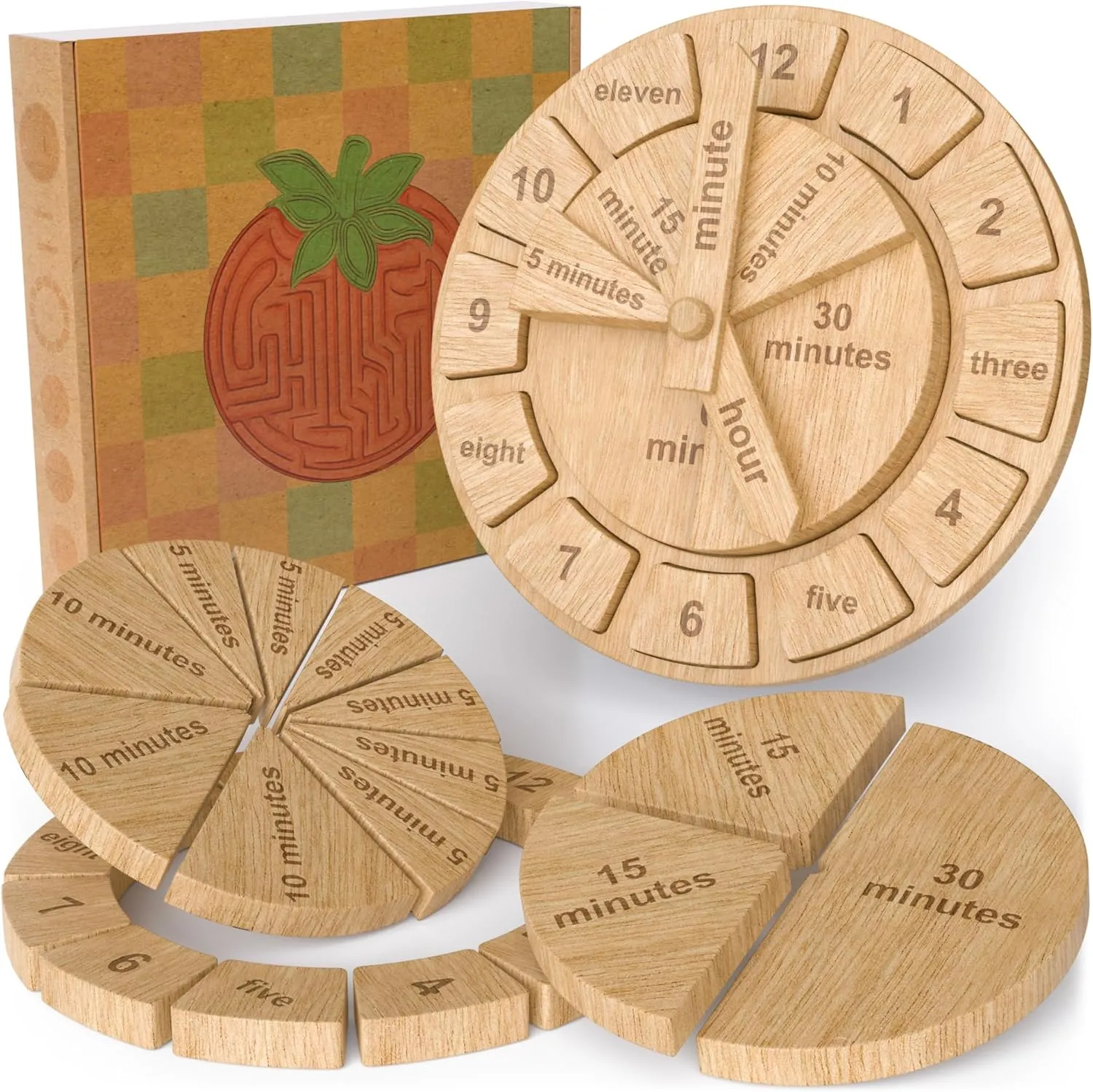 Tomaze Montessori Wooden Toy Clock - Kids' Educational Kit to Teach Time, Fractions, Numbers, & Sorting with Blocks - Early Math Learning - Gift for Age 4  Boy Girl Preschooler in Classroom Homeschool