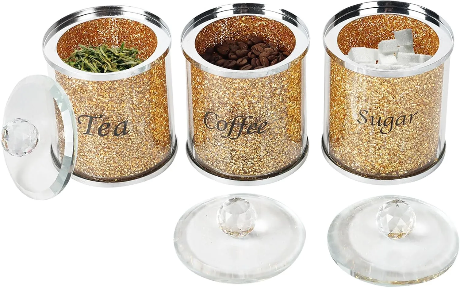 Topsky Coffee Sugar Tea Crystal Canister Set of 3,Sparkly Crystal Crushed Diamonds Home Decor,Silver Kitchen Coffee Jar Storage Set with Label & Lid,Storage Container Set for Countertop,Dining Room