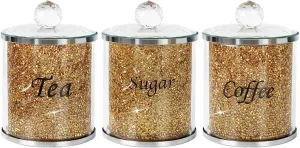 Topsky Coffee Sugar Tea Crystal Canister Set of 3,Sparkly Crystal Crushed Diamonds Home Decor,Silver Kitchen Coffee Jar Storage Set with Label & Lid,Storage Container Set for Countertop,Dining Room