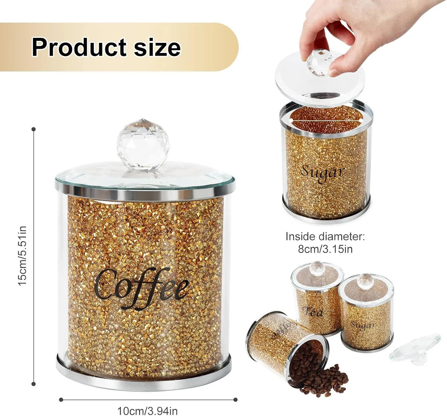 Topsky Coffee Sugar Tea Crystal Canister Set of 3,Sparkly Crystal Crushed Diamonds Home Decor,Silver Kitchen Coffee Jar Storage Set with Label & Lid,Storage Container Set for Countertop,Dining Room