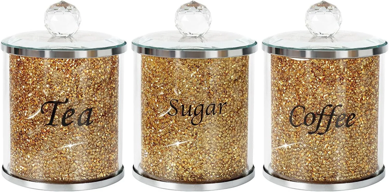 Topsky Coffee Sugar Tea Crystal Canister Set of 3,Sparkly Crystal Crushed Diamonds Home Decor,Silver Kitchen Coffee Jar Storage Set with Label & Lid,Storage Container Set for Countertop,Dining Room