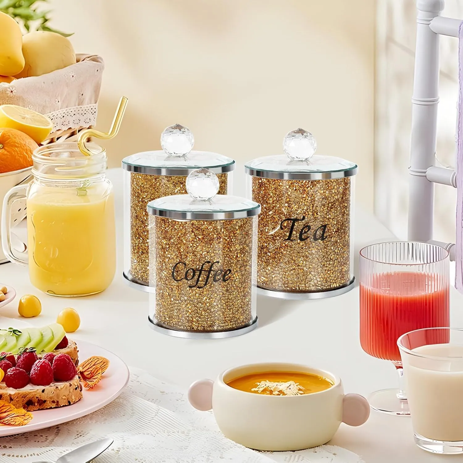 Topsky Coffee Sugar Tea Crystal Canister Set of 3,Sparkly Crystal Crushed Diamonds Home Decor,Silver Kitchen Coffee Jar Storage Set with Label & Lid,Storage Container Set for Countertop,Dining Room