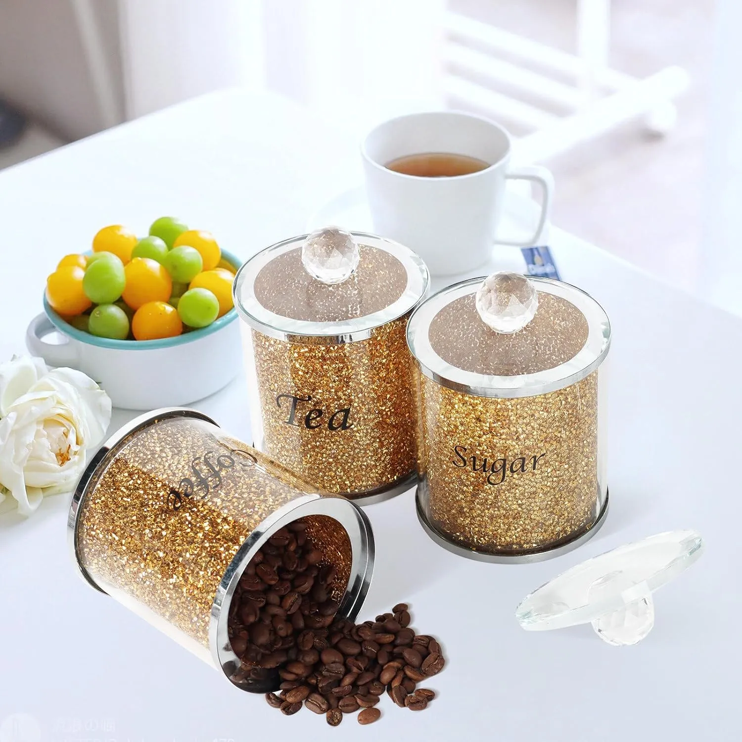 Topsky Coffee Sugar Tea Crystal Canister Set of 3,Sparkly Crystal Crushed Diamonds Home Decor,Silver Kitchen Coffee Jar Storage Set with Label & Lid,Storage Container Set for Countertop,Dining Room