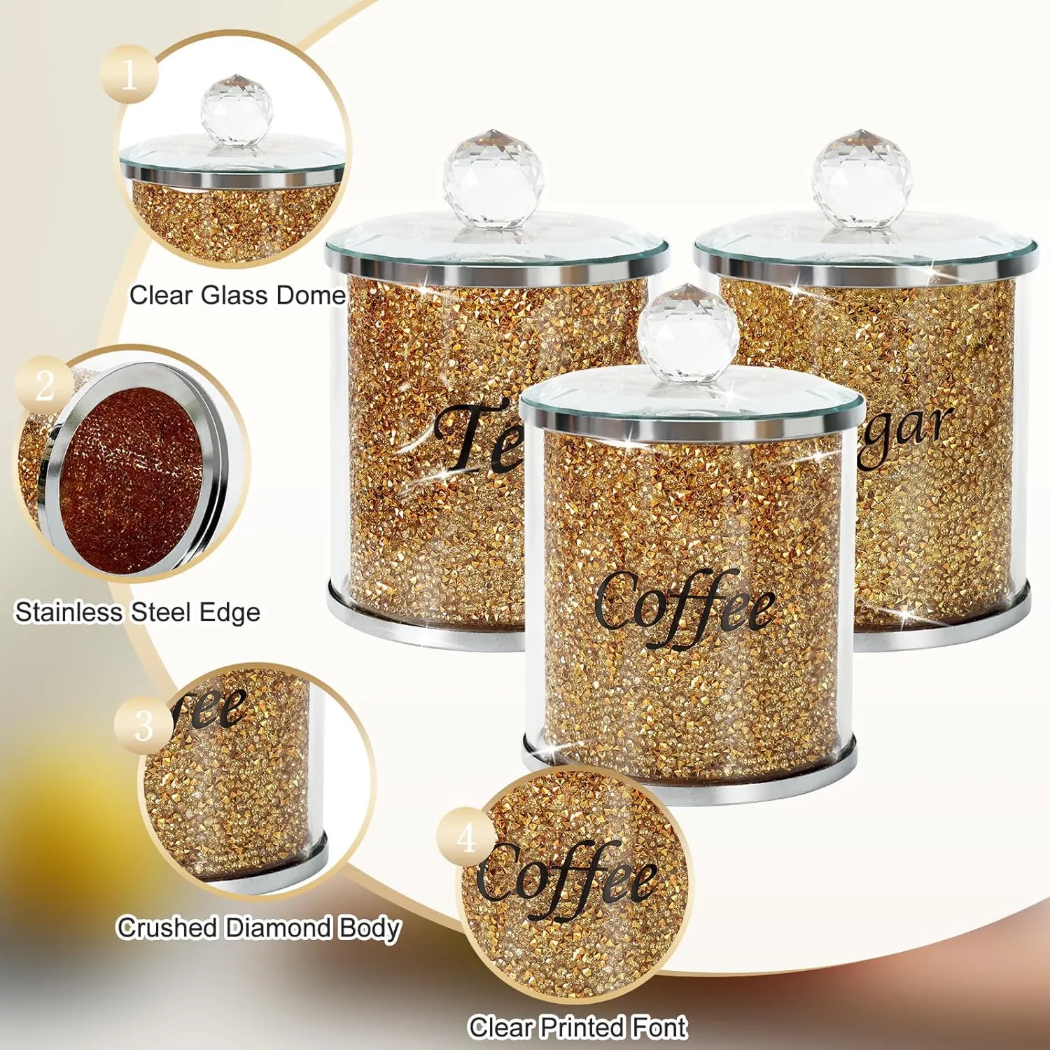 Topsky Coffee Sugar Tea Crystal Canister Set of 3,Sparkly Crystal Crushed Diamonds Home Decor,Silver Kitchen Coffee Jar Storage Set with Label & Lid,Storage Container Set for Countertop,Dining Room