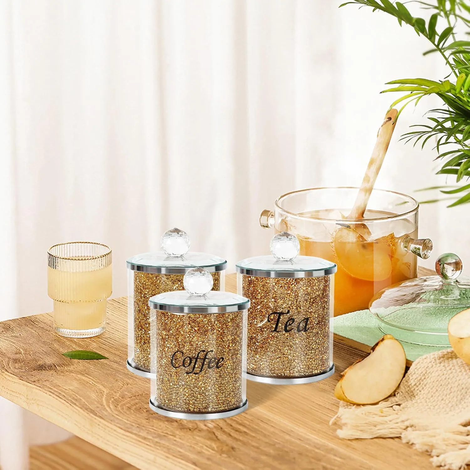 Topsky Coffee Sugar Tea Crystal Canister Set of 3,Sparkly Crystal Crushed Diamonds Home Decor,Silver Kitchen Coffee Jar Storage Set with Label & Lid,Storage Container Set for Countertop,Dining Room