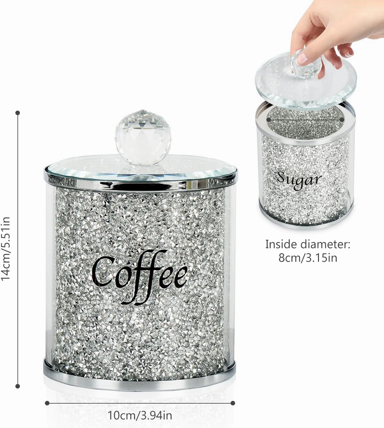 Topsky Coffee Sugar Tea Crystal Canister Set of 3,Sparkly Crystal Crushed Diamonds Home Decor,Silver Kitchen Coffee Jar Storage Set with Label & Lid,Storage Container Set for Countertop,Dining Room