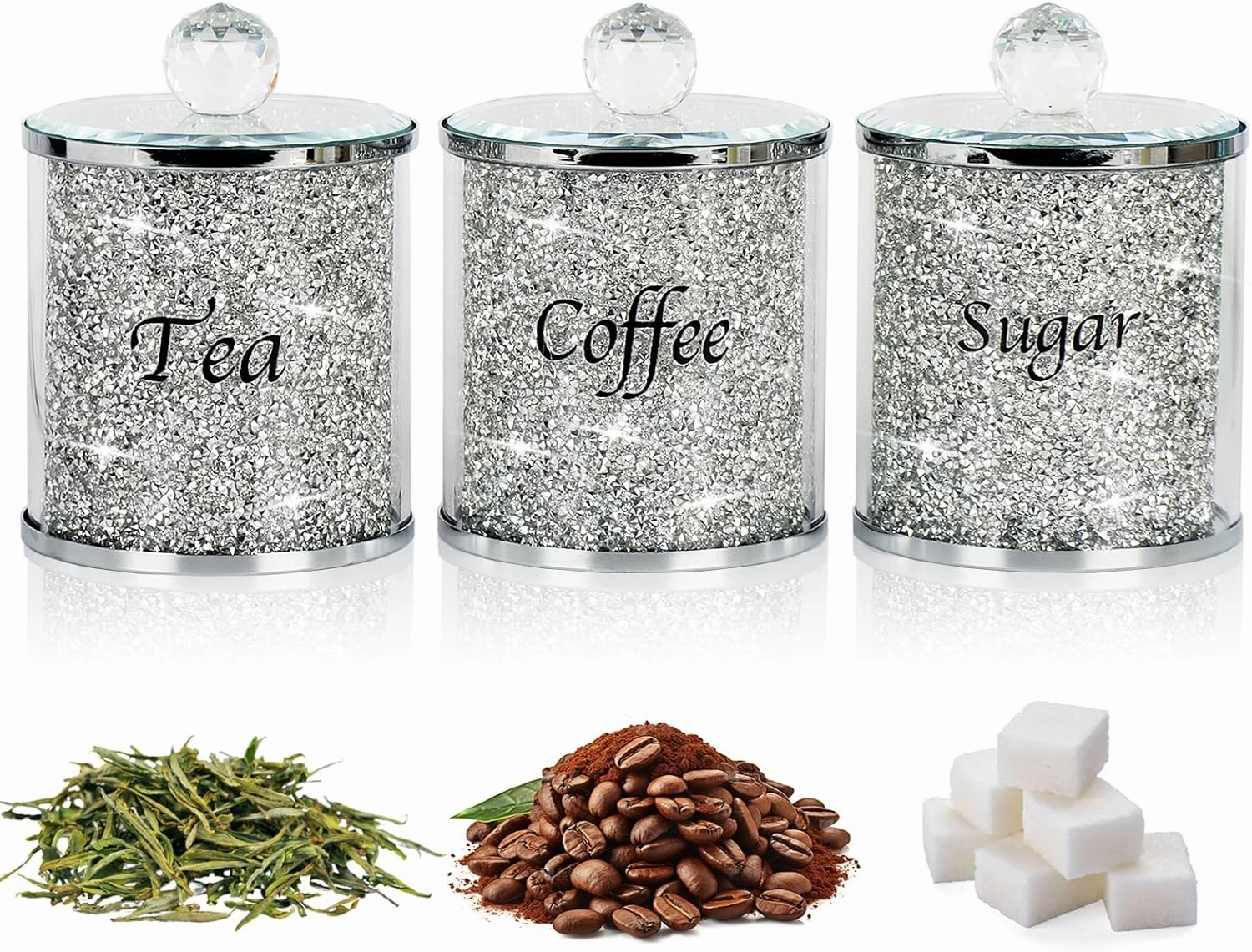 Topsky Coffee Sugar Tea Crystal Canister Set of 3,Sparkly Crystal Crushed Diamonds Home Decor,Silver Kitchen Coffee Jar Storage Set with Label & Lid,Storage Container Set for Countertop,Dining Room