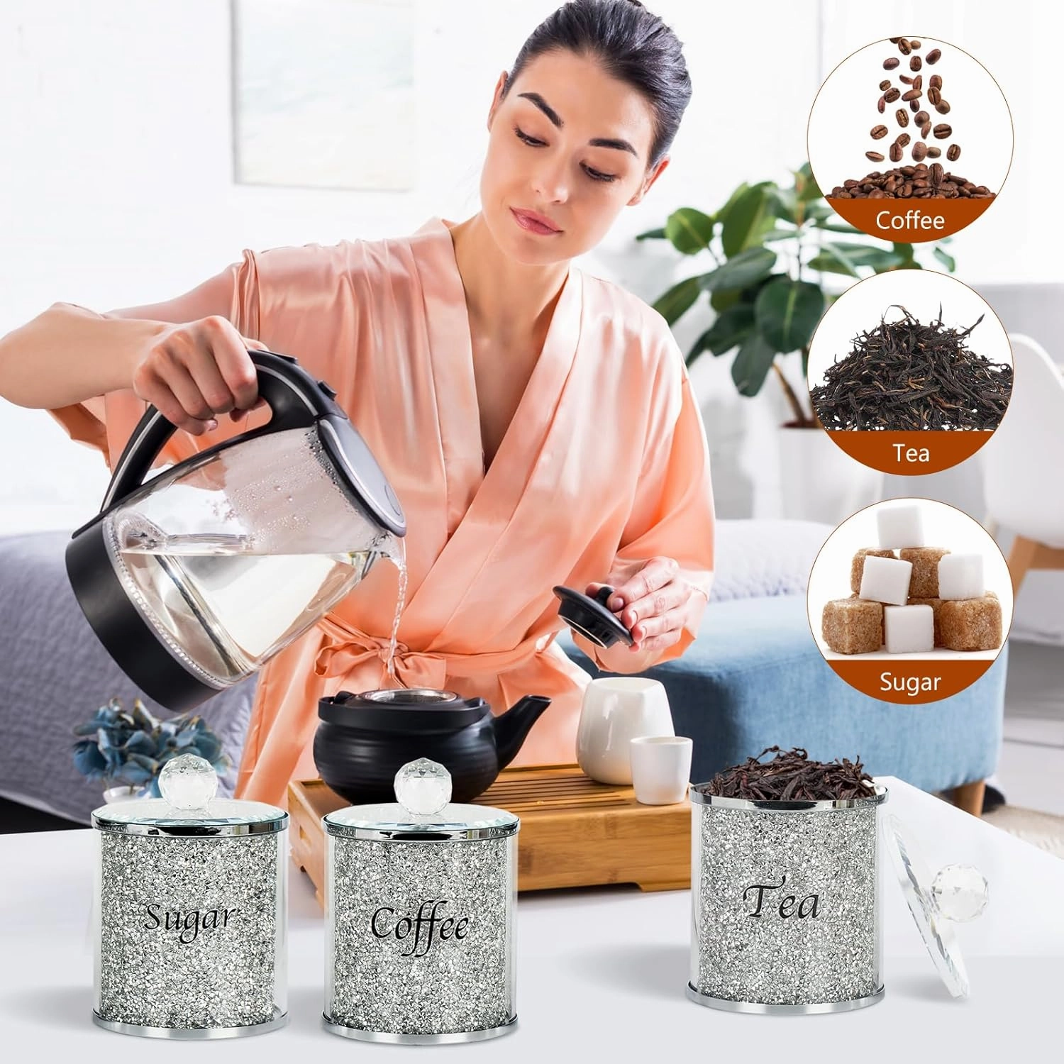 Topsky Coffee Sugar Tea Crystal Canister Set of 3,Sparkly Crystal Crushed Diamonds Home Decor,Silver Kitchen Coffee Jar Storage Set with Label & Lid,Storage Container Set for Countertop,Dining Room