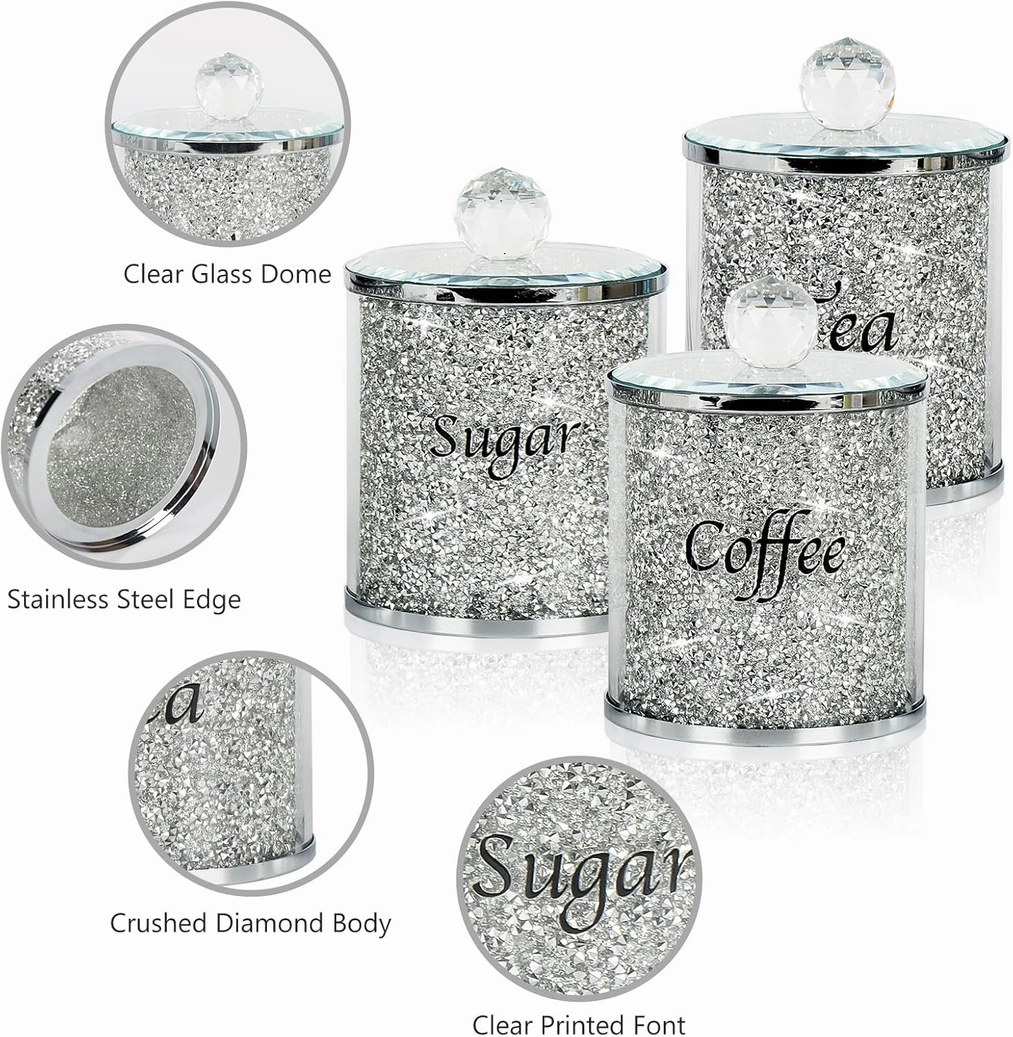 Topsky Coffee Sugar Tea Crystal Canister Set of 3,Sparkly Crystal Crushed Diamonds Home Decor,Silver Kitchen Coffee Jar Storage Set with Label & Lid,Storage Container Set for Countertop,Dining Room