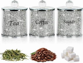 Topsky Coffee Sugar Tea Crystal Canister Set of 3,Sparkly Crystal Crushed Diamonds Home Decor,Silver Kitchen Coffee Jar Storage Set with Label & Lid,Storage Container Set for Countertop,Dining Room
