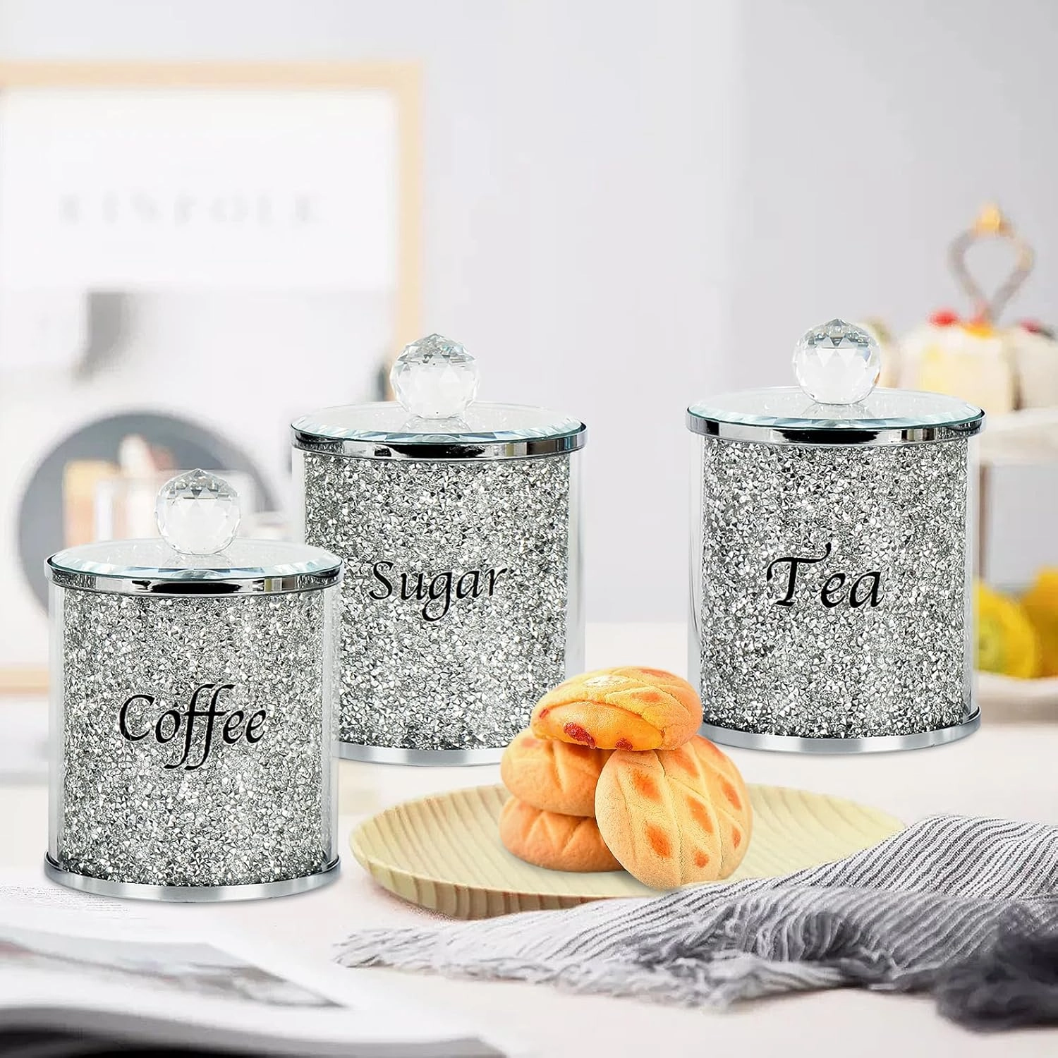 Topsky Coffee Sugar Tea Crystal Canister Set of 3,Sparkly Crystal Crushed Diamonds Home Decor,Silver Kitchen Coffee Jar Storage Set with Label & Lid,Storage Container Set for Countertop,Dining Room