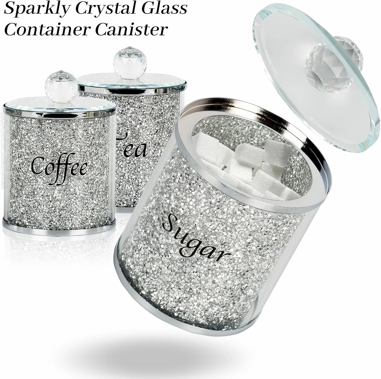 Topsky Coffee Sugar Tea Crystal Canister Set of 3,Sparkly Crystal Crushed Diamonds Home Decor,Silver Kitchen Coffee Jar Storage Set with Label & Lid,Storage Container Set for Countertop,Dining Room