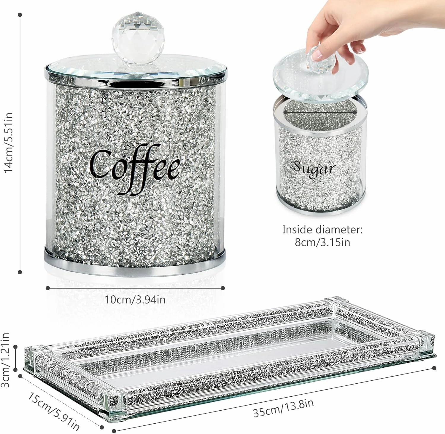 Topsky Coffee Sugar Tea Crystal Canister Set of 4,Sparkly Crystal Crushed Diamonds Home Decor,Silver Kitchen Coffee Jar Storage Set with Label & Lid,Storage Container Set for Countertop,Dining Room
