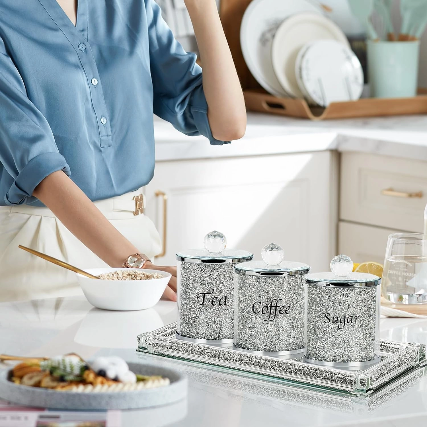 Topsky Coffee Sugar Tea Crystal Canister Set of 4,Sparkly Crystal Crushed Diamonds Home Decor,Silver Kitchen Coffee Jar Storage Set with Label & Lid,Storage Container Set for Countertop,Dining Room