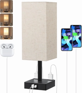 Touch Bedside Table Lamp For Nightstand - 3-Way Dimmable Night Lamp with USB A   Type C Charging Ports and two AC Outlets, Small Desk Light with E26 LED Bulb for Bedroom Living Room Dorm, BEIGE