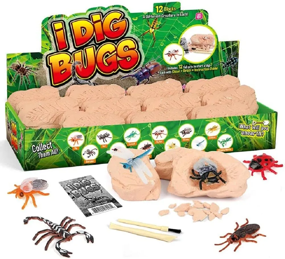 TRADE Big Bug Fossil Dig Kit - STEM Science & Educational Toys -Dig Up 12 Real Bugs Fly Ant Scorpion Lady Beetle Locust Cockroach Bumble Bee Cicada Dragonfly Cricket Praying Mantis Multicolored