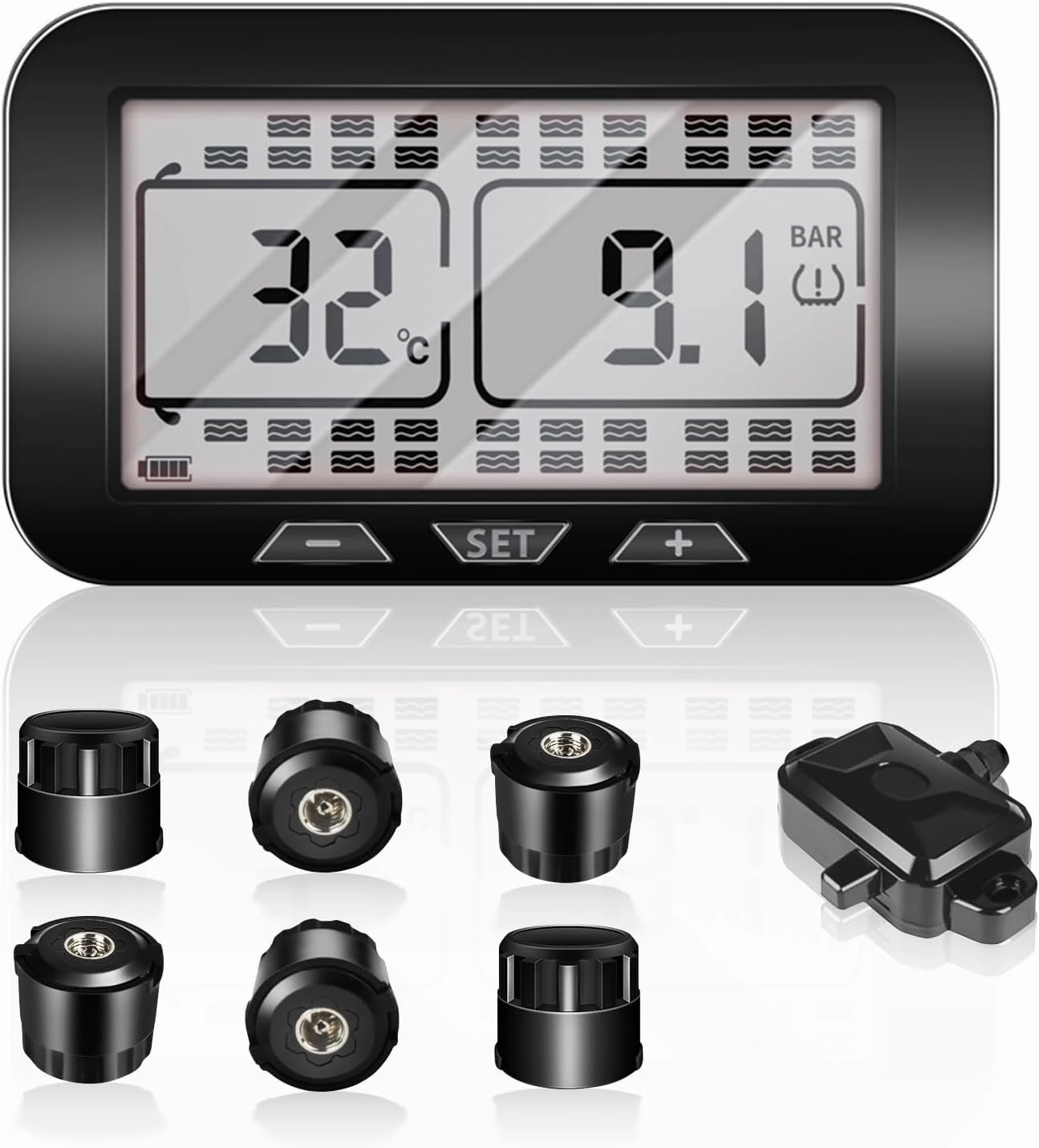 Trailer RV Tire Pressure Monitoring System with 6 Sensors, Large Screen 6 Alarm Modes Solar/USB Charge TPMS with Signal Repeater(150ft Sensing Distance), Real-Time Display Pressure&Tempereture